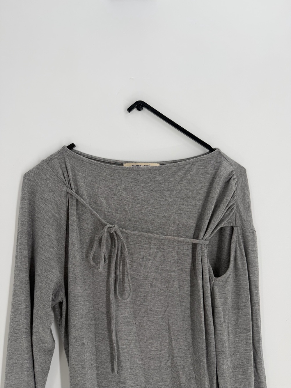 Paloma Wool Gray Busca Asymmetric Tie Gathered Ruched Long Sleeve T-Shirt